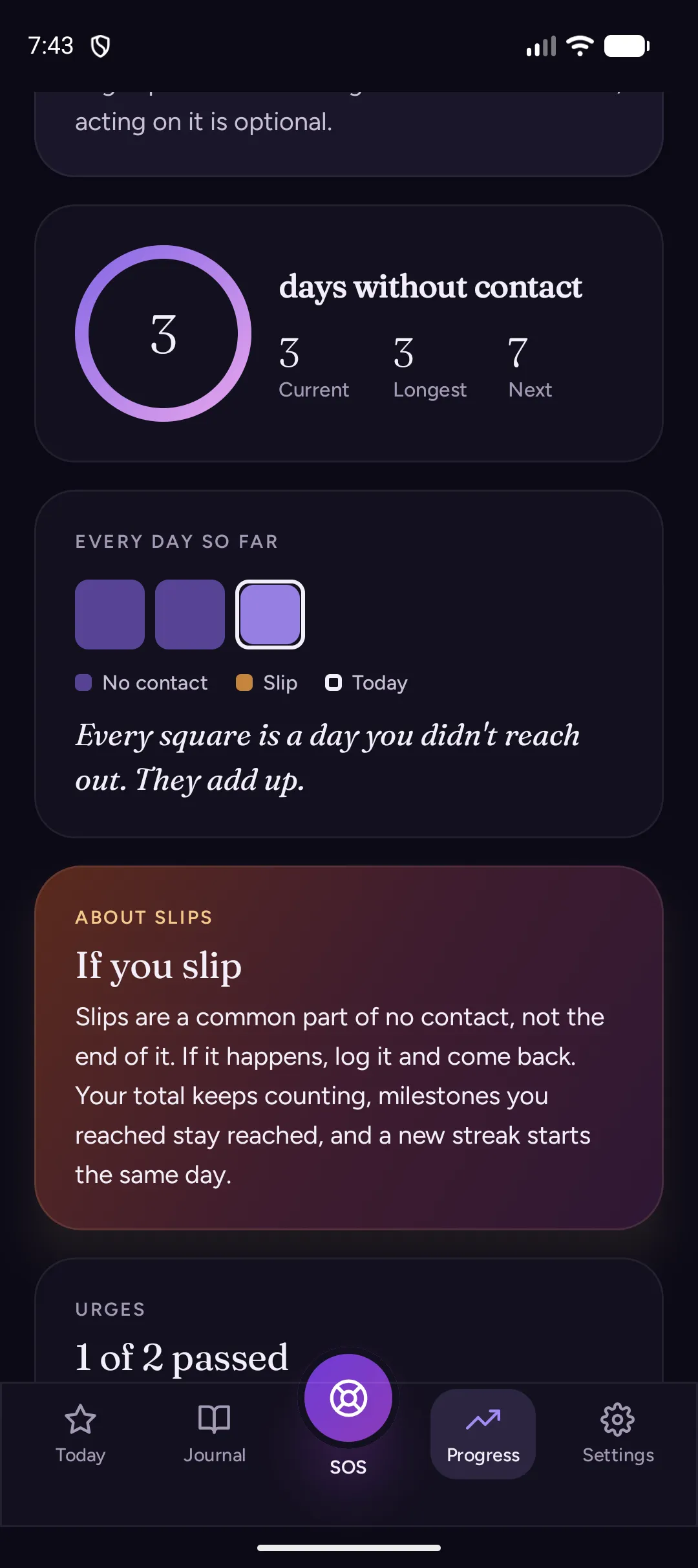 Progress: every day so far as squares, and an 'If you slip' card