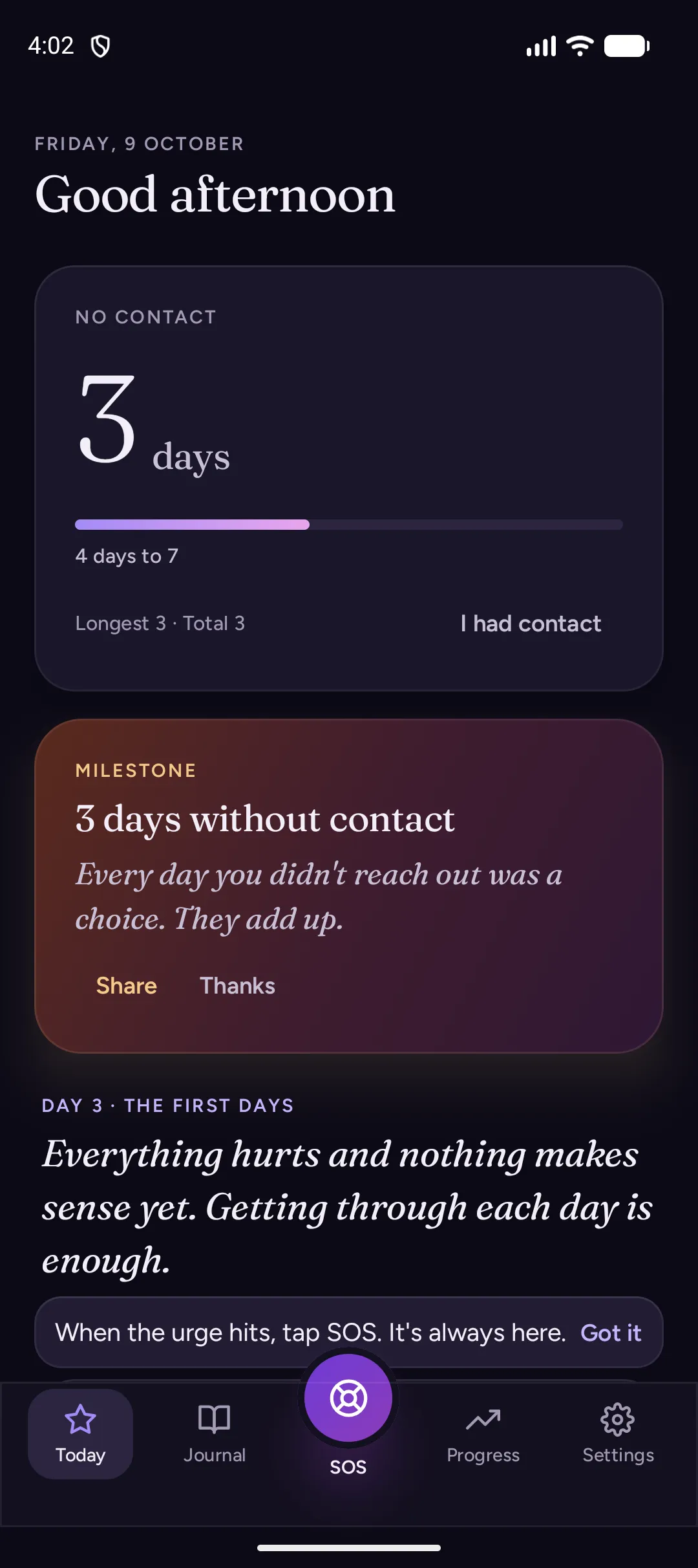 Today: days without contact, the next milestone and where you are